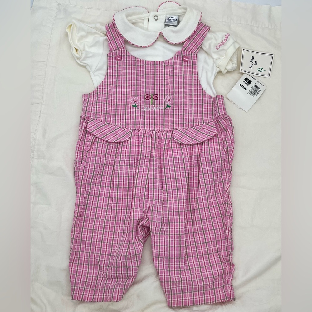 Vintage Baby Oshkosh B'gosh Vestbak Overalls Pink Plaid Bubble Romper Size 3-6M